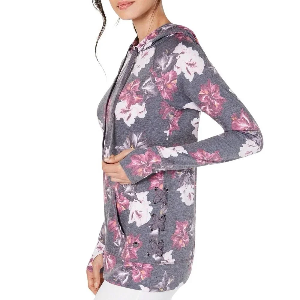 NWOT Ideology Floral-Print Lace-Up Hoodie Gray Size M - Picture 3 of 7